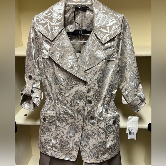 NWT JON Silver and taupe brocade jacket and pants set - Picture 2 of 11